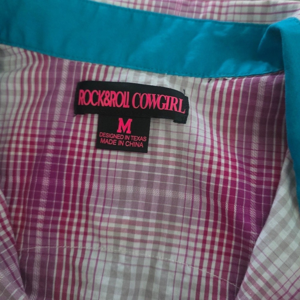 Rock & Roll Cowgirl Pink Plaid Rhinestone Embroidered Western Pearl Snap Shirt M - Picture 4 of 8